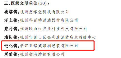 喜报！亚铭威获评2022年“萧山区文明单位”！